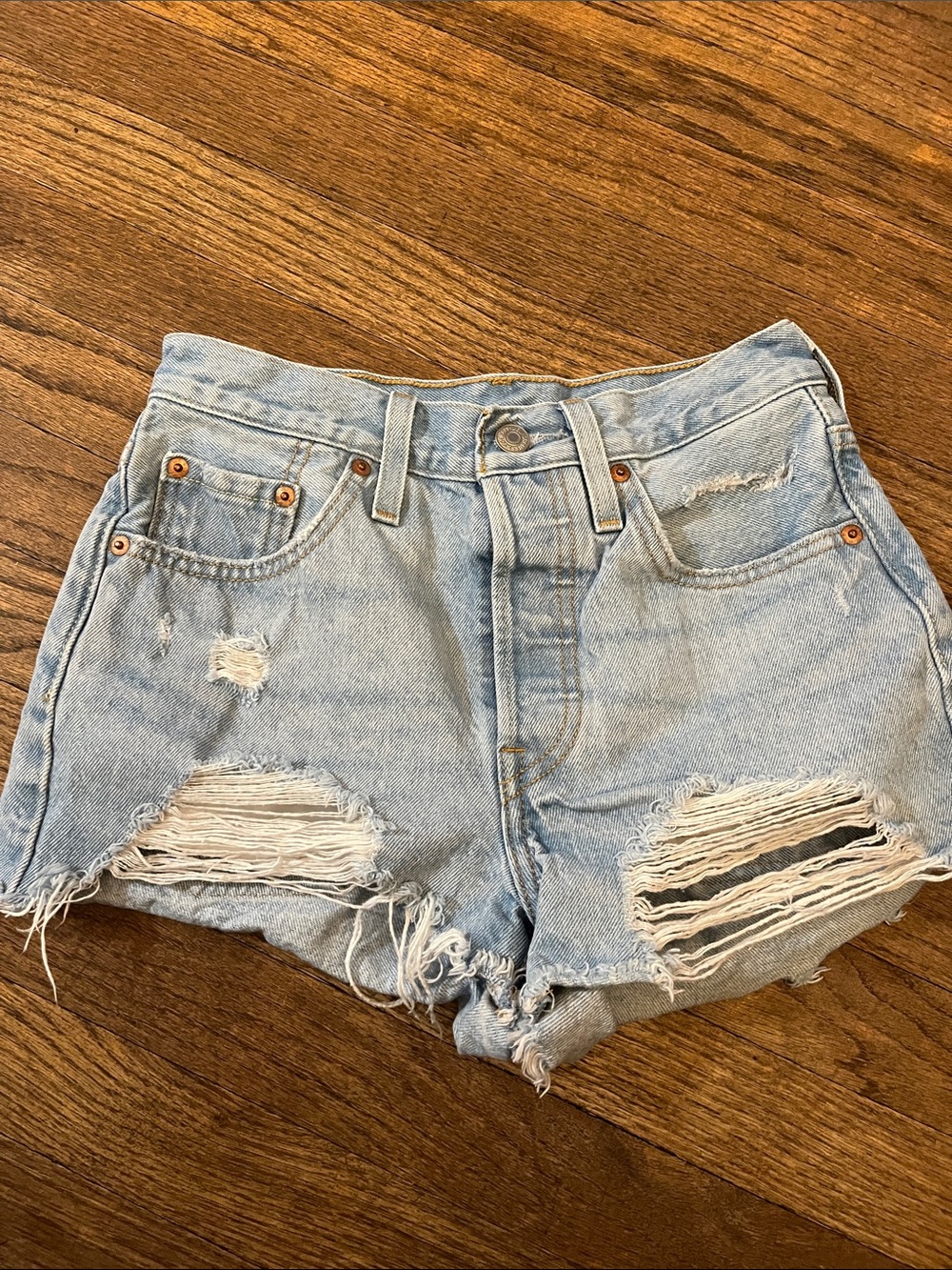 Levi's Light Blue Distressed High-Rise Jean Shorts